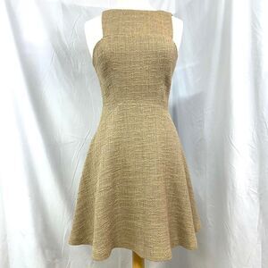 NWT Tibi New York A-line Tan Tweed High Neck Formal Mini Dress Skater Sz 4 Indie